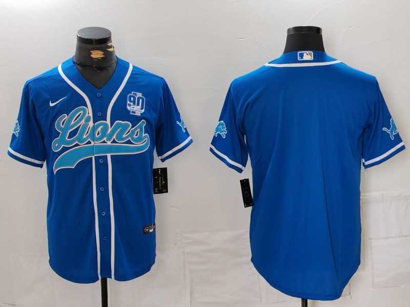 Men%27s Detroit Lions Blank Blue With 90th Patch Cool Base Stitched Baseball Jersey